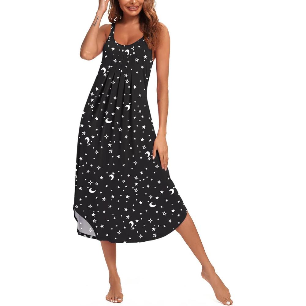 imageEkouaer Womens Sleeveless Nightgown Long Nightgowns for Women Full Slip Soft Nightshirt Wide Strap Sleepwear Lounge DressesStar Moon Print