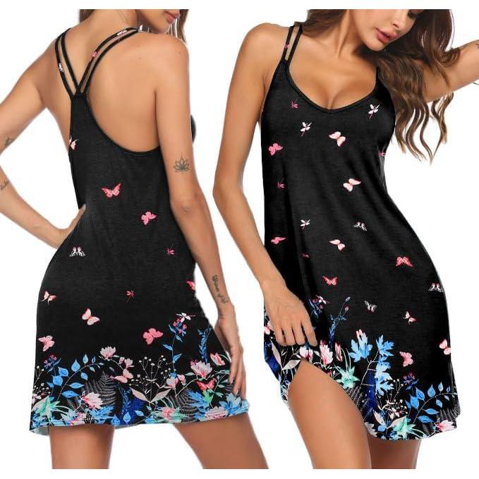 imageEkouaer Womens V Neck Sleeveless NightgownBlack Butterfly