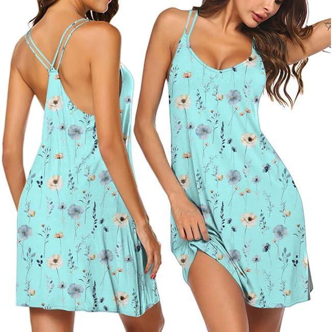 imageEkouaer Womens V Neck Sleeveless NightgownLight Blue Floral