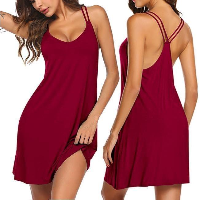 imageEkouaer Womens V Neck Sleeveless NightgownWine Red
