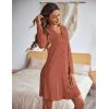 Ekouaer Nightgowns for Women Button Down Night Shirt Long Sleeve Ribbed Knit V-Neck Sleepwear Pajama Dress(Rust Brown)