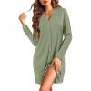 Ekouaer Nightgowns for Women Button Down Night Shirt Long Sleeve Ribbed Knit V-Neck Sleepwear Pajama Dress(Army Green)