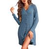Ekouaer Nightgowns for Women Button Down Night Shirt Long Sleeve Ribbed Knit V-Neck Sleepwear Pajama Dress(Blue)