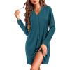 Ekouaer Nightgowns for Women Button Down Night Shirt Long Sleeve Ribbed Knit V-Neck Sleepwear Pajama Dress(Blue Green)