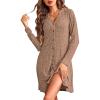 Ekouaer Nightgowns for Women Button Down Night Shirt Long Sleeve Ribbed Knit V-Neck Sleepwear Pajama Dress(Brown)