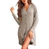 Ekouaer Nightgowns for Women Button Down Night Shirt Long Sleeve Ribbed Knit V-Neck Sleepwear Pajama Dress(Camel)