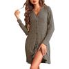 Ekouaer Nightgowns for Women Button Down Night Shirt Long Sleeve Ribbed Knit V-Neck Sleepwear Pajama Dress(Dark Brown)