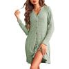 Ekouaer Nightgowns for Women Button Down Night Shirt Long Sleeve Ribbed Knit V-Neck Sleepwear Pajama Dress(Green)