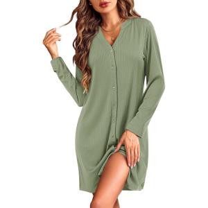 Ekouaer Nightgowns for Women Button Down Night Shirt Long Sleeve Ribbed Knit V-Neck Sleepwear Pajama Dress(Army Green)