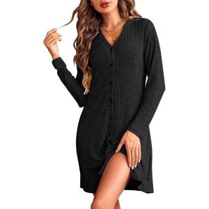 Ekouaer Nightgowns for Women Button Down Night Shirt Long Sleeve Ribbed Knit V-Neck Sleepwear Pajama Dress(Black)