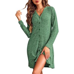 Ekouaer Nightgowns for Women Button Down Night Shirt Long Sleeve Ribbed Knit V-Neck Sleepwear Pajama Dress(Dark Green)