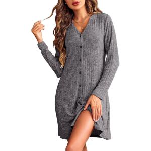 Ekouaer Nightgowns for Women Button Down Night Shirt Long Sleeve Ribbed Knit V-Neck Sleepwear Pajama Dress(Dark Grey)