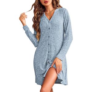 Ekouaer Nightgowns for Women Button Down Night Shirt Long Sleeve Ribbed Knit V-Neck Sleepwear Pajama Dress(Light Blue)