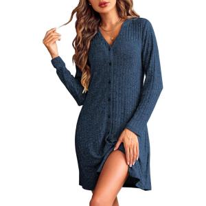 Ekouaer Nightgowns for Women Button Down Night Shirt Long Sleeve Ribbed Knit V-Neck Sleepwear Pajama Dress(Navy)