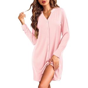 Ekouaer Nightgowns for Women Button Down Night Shirt Long Sleeve Ribbed Knit V-Neck Sleepwear Pajama Dress(Pink)