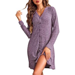 Ekouaer Nightgowns for Women Button Down Night Shirt Long Sleeve Ribbed Knit V-Neck Sleepwear Pajama Dress(Purple)