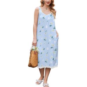 Ekouaer Nightgowns for Women Sleeveless Night Gown Victorian Sleep Shirt with Pockets Ladies Pjs Lace Trim Sleepwear S-XXL(Blue Dandelion)