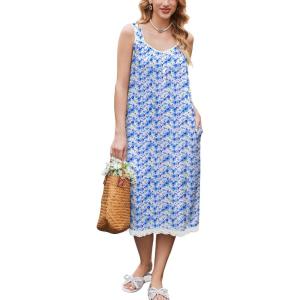 Ekouaer Nightgowns for Women Sleeveless Night Gown Victorian Sleep Shirt with Pockets Ladies Pjs Lace Trim Sleepwear S-XXL(Blue Pueple Flower)