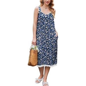 Ekouaer Nightgowns for Women Sleeveless Night Gown Victorian Sleep Shirt with Pockets Ladies Pjs Lace Trim Sleepwear S-XXL(Blue Yellow Flower)