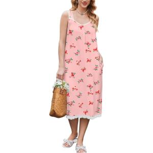 Ekouaer Nightgowns for Women Sleeveless Night Gown Victorian Sleep Shirt with Pockets Ladies Pjs Lace Trim Sleepwear S-XXL(Pink Flower)