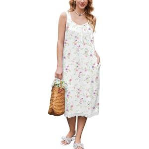 Ekouaer Nightgowns for Women Sleeveless Night Gown Victorian Sleep Shirt with Pockets Ladies Pjs Lace Trim Sleepwear S-XXL(Pink Purple Flower)