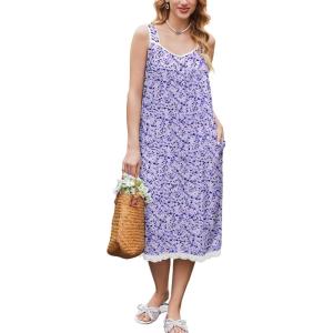 Ekouaer Nightgowns for Women Sleeveless Night Gown Victorian Sleep Shirt with Pockets Ladies Pjs Lace Trim Sleepwear S-XXL(Purple Dots)