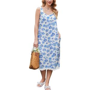 Ekouaer Nightgowns for Women Sleeveless Night Gown Victorian Sleep Shirt with Pockets Ladies Pjs Lace Trim Sleepwear S-XXL(Watercolor Flowers Blue)