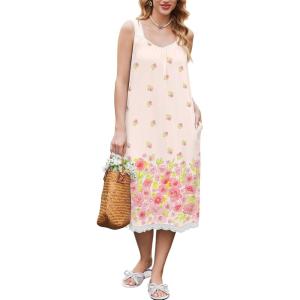 Ekouaer Nightgowns for Women Sleeveless Night Gown Victorian Sleep Shirt with Pockets Ladies Pjs Lace Trim Sleepwear S-XXL(Watercolor Flowers-pink)