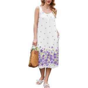 Ekouaer Nightgowns for Women Sleeveless Night Gown Victorian Sleep Shirt with Pockets Ladies Pjs Lace Trim Sleepwear S-XXL(Watercolor Flowers-purple)