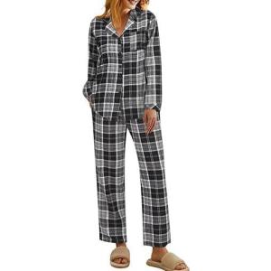 Ekouaer Pajamas for Women 2 Piece Lounge Set Long Sleeve Plaid Sleepwear Casual 2 Piece Pjs S-XXL(Black Grey Plaid)