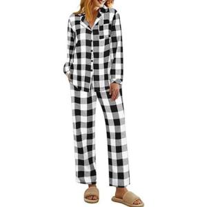 Ekouaer Pajamas for Women 2 Piece Lounge Set Long Sleeve Plaid Sleepwear Casual 2 Piece Pjs S-XXL(Black White Plaid)