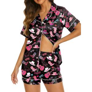 Ekouaer Silk Pajamas for Women Short Sleeve Sleepwear Soft Button Down Loungewear 2 Piece Satin Pjs Shorts Set(Black Pink Kiss)