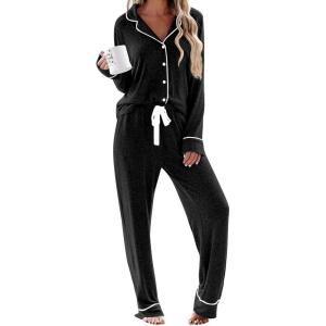Ekouaer Women’s Pajamas Long Sleeve Sleepwear Casual Button Down Loungewear Soft Pjs Set S-XXL(Black)