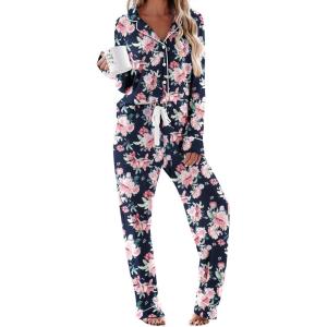 Ekouaer Women’s Pajamas Long Sleeve Sleepwear Casual Button Down Loungewear Soft Pjs Set S-XXL(Black Pink Floral)