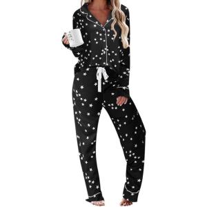 Ekouaer Women’s Pajamas Long Sleeve Sleepwear Casual Button Down Loungewear Soft Pjs Set S-XXL(Black With Stars)