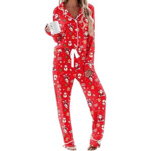 Ekouaer Women’s Pajamas Long Sleeve Sleepwear Casual Button Down Loungewear Soft Pjs Set S-XXL(Christmas Snowman)