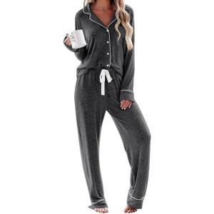 Ekouaer Women’s Pajamas Long Sleeve Sleepwear Casual Button Down Loungewear Soft Pjs Set S-XXL(Dark Grey)