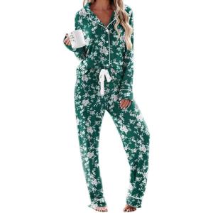 Ekouaer Women’s Pajamas Long Sleeve Sleepwear Casual Button Down Loungewear Soft Pjs Set S-XXL(Green Floral)