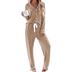 Ekouaer Women’s Pajamas Long Sleeve Sleepwear Casual Button Down Loungewear Soft Pjs Set S-XXL(Light Brown)