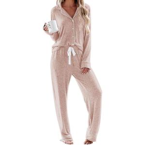 Ekouaer Women’s Pajamas Long Sleeve Sleepwear Casual Button Down Loungewear Soft Pjs Set S-XXL(Light Pink)