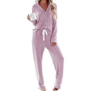 Ekouaer Women’s Pajamas Long Sleeve Sleepwear Casual Button Down Loungewear Soft Pjs Set S-XXL(Pink)