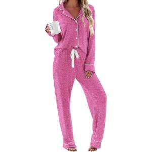 Ekouaer Women’s Pajamas Long Sleeve Sleepwear Casual Button Down Loungewear Soft Pjs Set S-XXL(Rosy)