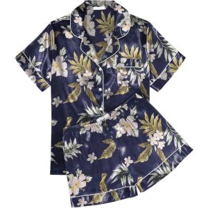 Ekouaer Womens Silk Satin Pajama Sets Soft Short Sleeve Button Down Sleepwear Top and Shorts 2 Piece Pjs Lounge Set(Floral Navy White)