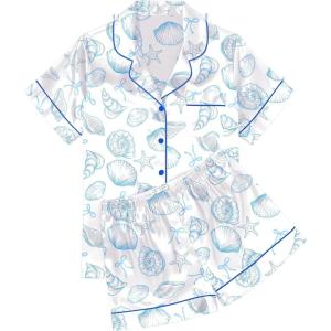 Ekouaer Womens Silk Satin Pajama Sets Soft Short Sleeve Button Down Sleepwear Top and Shorts 2 Piece Pjs Lounge Set(White Blue Seashells)