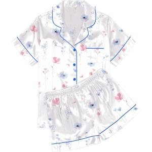 Ekouaer Womens Silk Satin Pajama Sets Soft Short Sleeve Button Down Sleepwear Top and Shorts 2 Piece Pjs Lounge Set(White Floral)