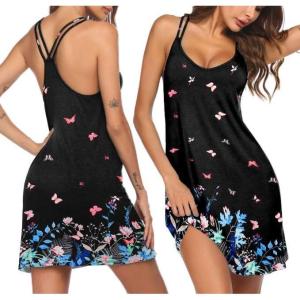 Ekouaer Women’s V Neck Sleeveless Nightgown(Black Butterfly)