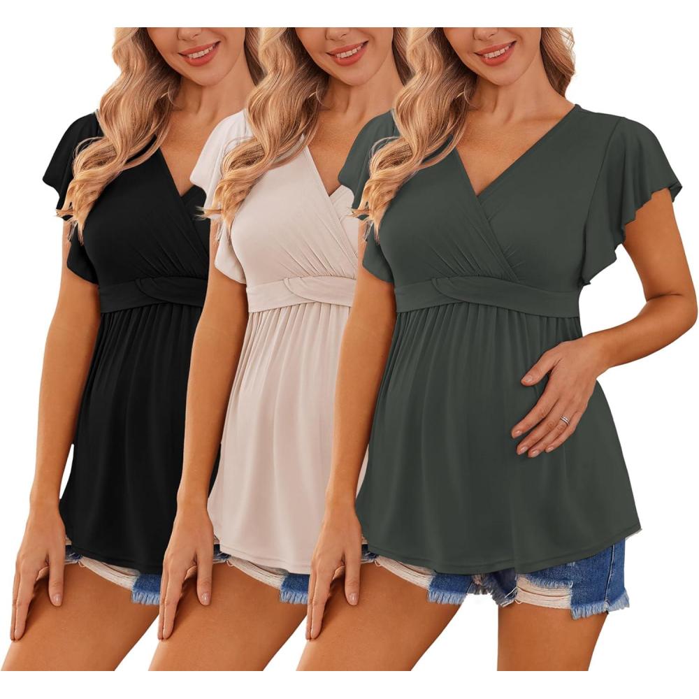 imageEkouaer Maternity Shirts 3 Packs Flying Short Sleeve Nursing Tops Pregnancy ClothesBlackdark Army Greenbeige3pcs