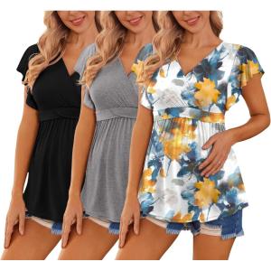 Ekouaer Maternity Shirts 3 Packs Flying Short Sleeve Nursing Tops Pregnancy Clothes(Black+grey+floral White(3pcs))