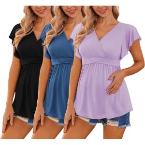 Ekouaer Maternity Shirts 3 Packs Flying Short Sleeve Nursing Tops Pregnancy Clothes(Light Purple+black+dark Blue(3pcs))