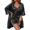 Ekouaer Women’s Satin Robe Set Lace Sexy Lingerie Robe Wedding Nightgown 2pcs Cami Bride Party Silk Pajamas Set(Black)